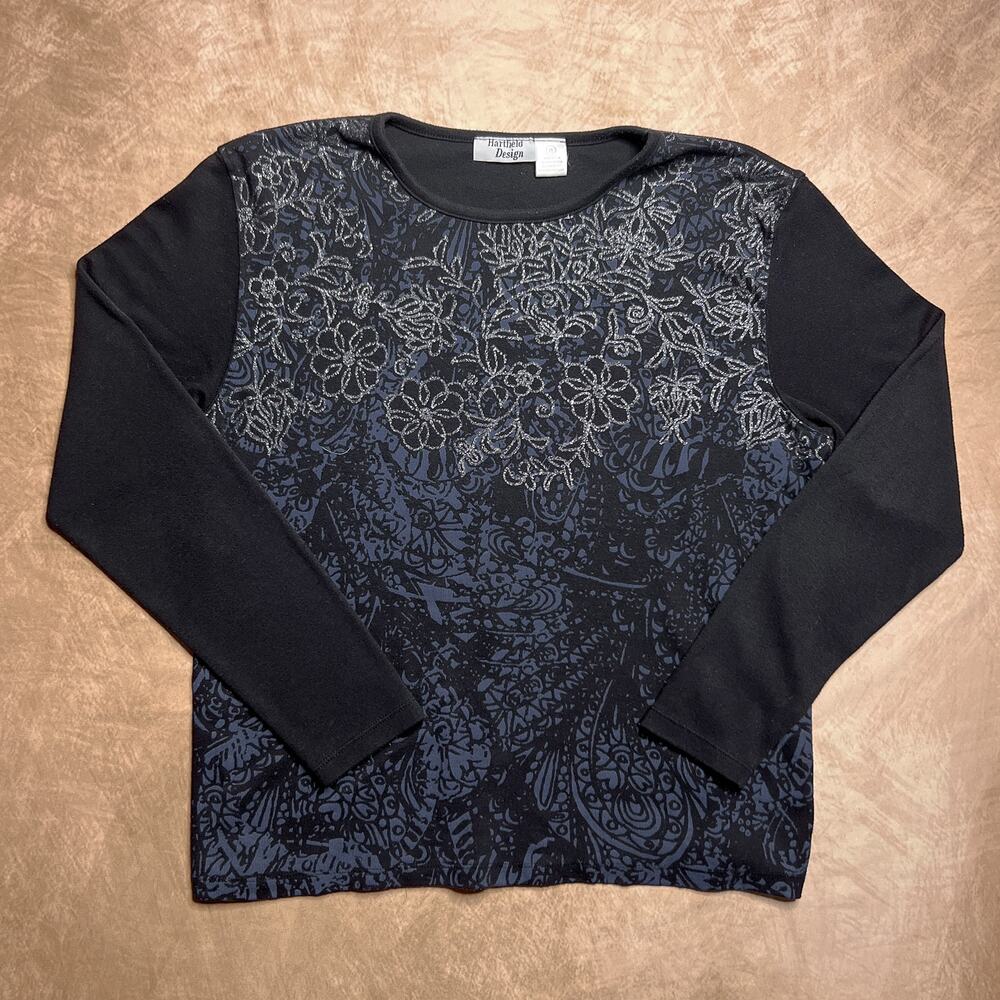 Vintage 90s Hartfield Design Floral Glitter Two Tone Long Sleeve Shirt Grunge
